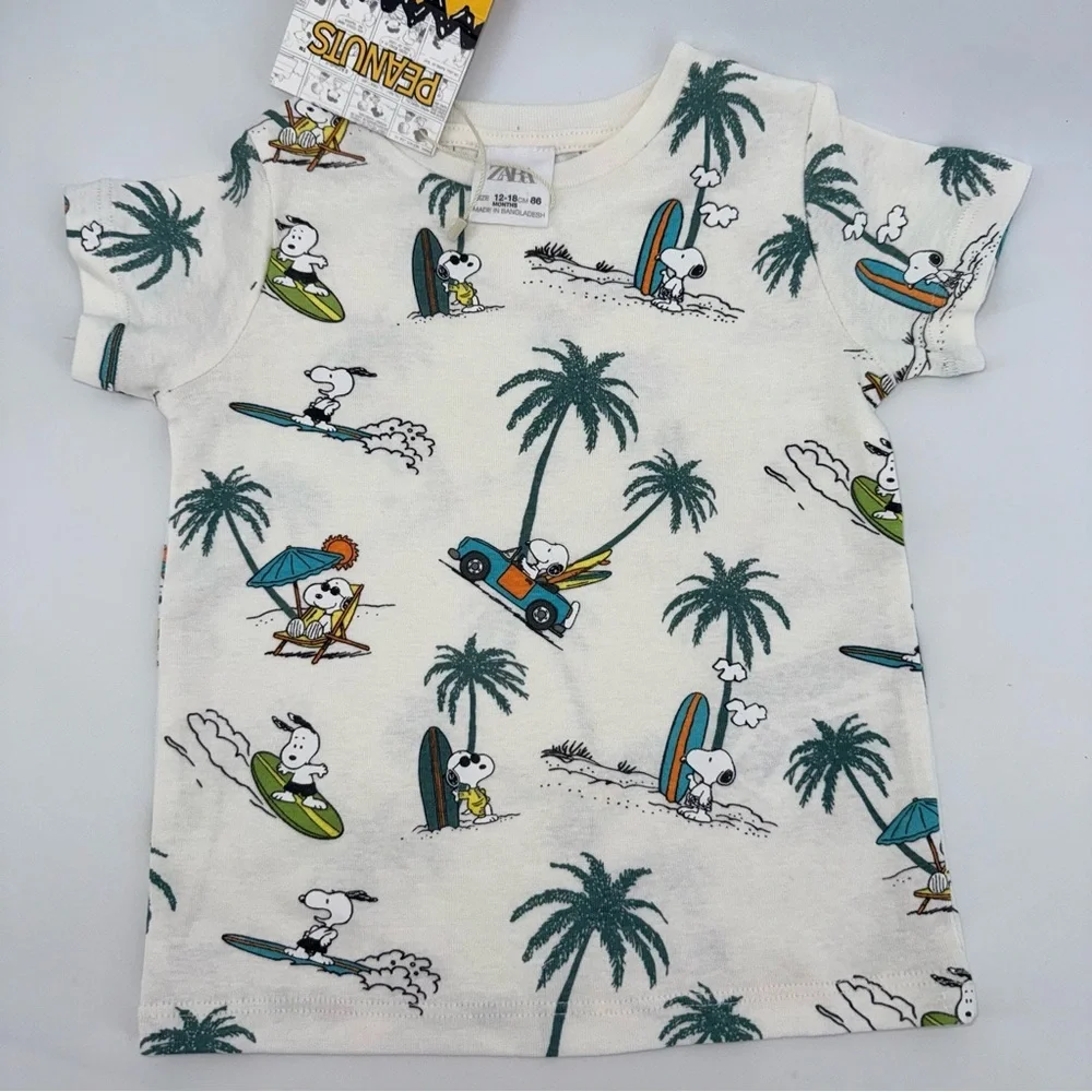 Zara Kids Peanuts Snoopy Surf Short Sleeve Tee New!